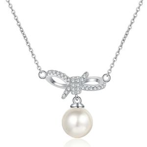 S925 Silver 8mm Pearl Necklace Women Bow Sweet Pendant Söt flicka Kollkedja Mångsidig 240407