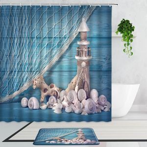 Shower Curtains Blue Wood Grain Lighthouse Shell Mediterranean Style Bathroom Curtain Set Non-Slip Carpet Bath Mats Home Decor