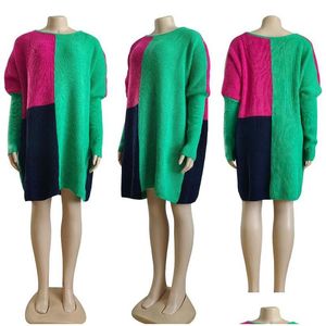 Grundläggande casual klänningar y Womens Patchwork Dress Ladies Winter Long Sleeve Jumper Topps Fashion Girls Sticked Overdimasy Baggy tröja loos dhhwo