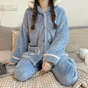 Abbigliamento da casa Donne Donno abbigliamento da sonno in flanella Piajamas Set casual 2 pezzi Shirtpants inverno caldi da notte da notte indossare cartone animato con cappuccio