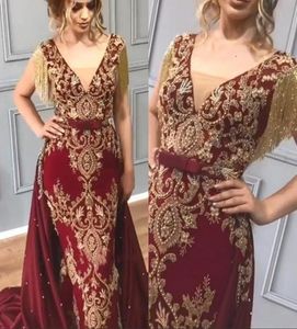 Dark Red Arabic Evening Dresses with Tassel Gold Appliques Sequins Beaded Mermaid 2010 Detachable Train Evening Prom Women Gowns4468222