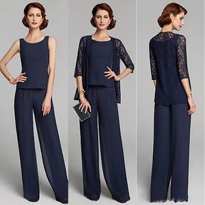 Elegant Mor till brudbyxan för bröllopsfest Dark Navy Chiffon Lace Jacket Kvinna Kvällsklänningar Brudgum Mamma Formal Wear Prom Suits 2024