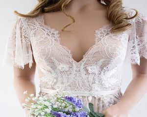 New Boho Wedding Dress V Neck Cap Sleeve Lace Beach Wedding Gown Cheap Backless Custom Made ALine Bride Dresses7796448