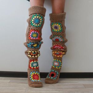 Women Socks Women's Autumn Winter Thigh Ethnic Crochet Knit Stockings Vintage Fairy Geometric Over Knee Long Year's Gift