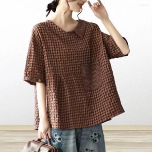 Bloups feminina Mulheres T-shirt Textura macia Camise de camiseta de estampa xadrez elegante com bolso solto para streetwear