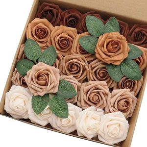 Decorative Flowers Artificial 25PCS Real Looking Earth Tones Ombre Colors Foam Roses 5 Fake With Stems For DIY Wedding Bouquets