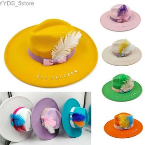 Wide Brim Hats Bucket Feather Band Felt Jazz Fedora Hat for Women Panama Party Trilby Men Gentleman Wedding yq240407