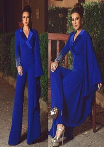 2021 Sapphire Blue Evening Dresses Rhinestone Pearls Prom Dress Long Sleeve Pants V Neck Special Occasion Dresses5385343