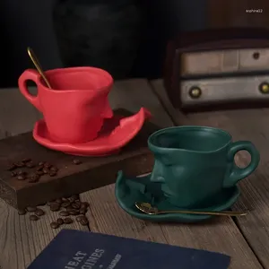 Muggar 3D Human Face Mug Abstrakt konst med skedar och morgon kopp för te /kalla drycker latte kreativt gåva fest