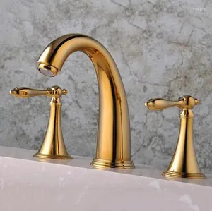 Смесители раковины ванной комнаты 2 ручки кран бассейна и холодная медь из трех отверстий Золотая латунь