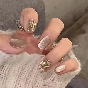 Falska naglar franska mode lysande kristall långa fyrkantiga nagel tips fullt omslag silver katt ögonpress på diy
