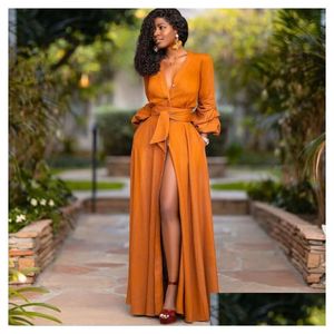 Temel gündelik elbiseler 2023 Zarif Split Maxi Kadınlar Sonbahar Derin V Boyun Uzun Kollu Parti Elbise bayanlar y İnce artı Beden Afrika Giysileri Dhzvt