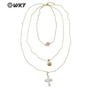 WTJN109 jewelry lady fashion triple layer choker necklace handmake gold brass chain pearl shell as gift 240407