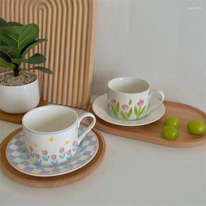 Cups Saucers 250ML French Tulip Checkerboard Hand-painted Handle Ceramic Cup Saucer Afternoon Tea Coffee Dessert Plate Breakfast