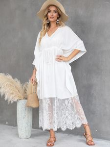 Womens Bathing Suit Cover Up Waist Tied Long V-Neck Lace Skirt Beach Dress Semitransparent Half Sleeve White Bikini