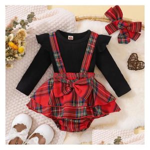 Rompers Baby Girls Clothes Set Spädbarnsdräkt Ruffles Romper Top Bow myror Födda småbarn 3st.