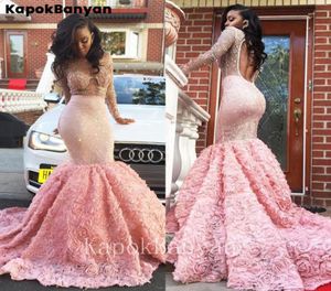 Blush Pink Prom Dresses Mermaid Long Sleeve See Through Halser Flower Sparkly Crystal African Senaste Evening Gown4459985