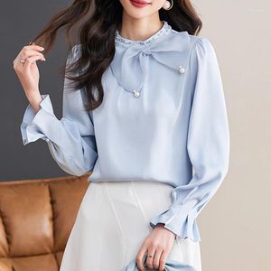 Women's Blouses QOERLIN Light Blue Blouse Women Korean Chic Nailed Bead Bow Solid Color Chiffon Shirts FemaleTemperament Casual Long Sleeve