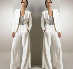2018 Beyaz Üç Parça Gelin Pantolonunun Annesi Gümüş Sequined Düğün Konuk Elbisesi Ceketli Plus Boyutu8024604