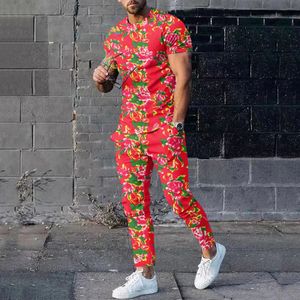 Men Spring Summer Northeast Big Flower Short Sleeve T Shirt and Pants Chinese Fashion Ethnic Style Mens Clothing Set 240401