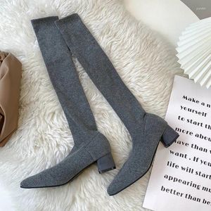 Buty Fashion uda wysoki tkanina Sock Women -TOE TOE Obcasy buty 2024 Autumn Winter Sexy nad butem kolanowym