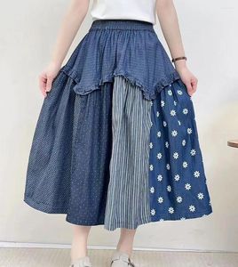 Kjolar harajuku mode denim långa kvinnor vår höst japansk stil blommig randig lapptäcke rufsed jean