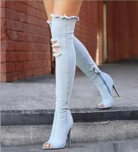 Sexy Stiefel Frauen Oberschenkel hohe Stiefel über den Knie High Bottes Peep Zehenpumpen Loch Blue Heels Reißverschluss Jeans Schuhe Botas Mujer8147517