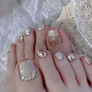 Yanlış tırnaklar altın parlayan kristal sahte ayak tırnakları tam kapak kısa kare fransız ayak parmağı ayak ipuçları kadınlar için hediyeler