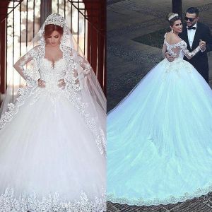 Dresses Boat Neck Applique Luxury Plus Size Long Dress for Bride Custom Made Lace Ball Gown Wedding Dresses Long Sleeves Bridal Gowns