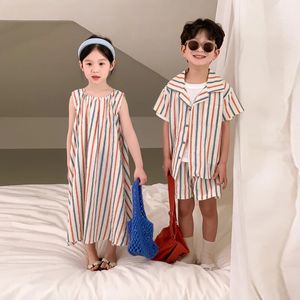 Brother Sister Summer Rands Boy Clothes Set Girl Dress Korean Style Family Matching Outfits Sibling Look 240327