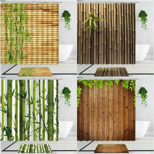 Shower Curtains Green Bamboo Fabric Plants Flowers Art Home Decor Background Bathroom Bath Curtain Set Non-Slip Carpet Doormat