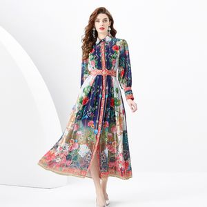 Designer Vintage Floral Maxi Shirt Dress Women Button Long Sleeve Cardigan Resort Dresses Runway Ladies Belt Printed Casual Beach Party Cocktail Robes Clothes 2024