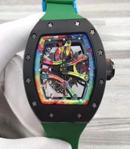 Masowe marki Zegarek mechaniczny czarny szkielet nierdzewny przezroczysty otwartą tarczę zielony gumowy pasek luksusowy męski automatyczny W1370742