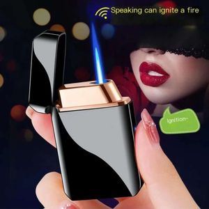 Metal Voice Control Windproof Blue Flame Butane Without Gas Lighter Visible Without Gas Window Multiple Ignition Methods USB Lighters Men's Gift
