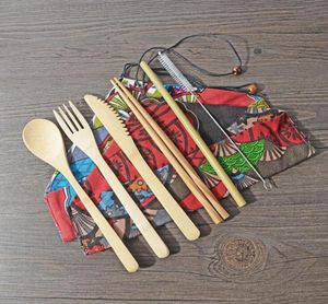 6 Designs Bamboo Clasware Zestaw 7pcsset Portable Cutlery Set z torbą Zestaw naczynia straży noże