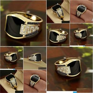 Band Rings Classic Mens Ring Fashion Metal Gold Color Inlaid Black Stone Zircon Punk for Men Engagement Wedding Luxury Drop Delivery Otqh7