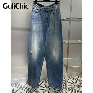 Kvinnors jeans 9.9 Gulichic Women Temperament tvättade blekt hål rippade rakt rakt