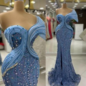 2024 Vestidos de baile de tamanho grande para ocasiões especiais vestidos formais sereia um ombro de renda com pérolas de pérolas Cristais Vestido de recepção de festas de festa de aniversário AM680