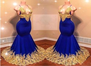 Sexy Royal Blue Mermaid Sukienki na studniowe sukienki z złotymi aplikacjami bez pleców celebrytów sukienka Elastyczna satyna satyna plus size wieczorowe suknie imprezowe 6208031