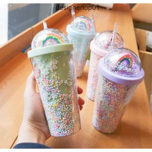 スタンレリネス最新の18.6オンスのダブルレイヤープラスチックストローコーヒーマグ、レインボースパンコールスターグリッターパウダースタイルウォーターカップ、サポートカスタムA0ey