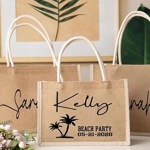 Hediye sargısı 100pcs/lot özel logo plaj yaz kadınlar tote taşıyıcı çuval bezi jüt kumaş alışveriş çantaları