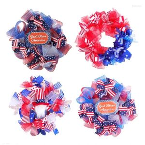 Decorative Flowers 14 Inches Independence Day Mesh Patriotic Veterans Door Wreath For Front 4th Of July Gift