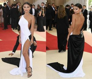 Modest BlackWhite Celebrity Red Carpet Gowns One Shoulder Illusion Backless Vestidos De Novia Pick Ups Sash Side Split Sexy Prom 1250400