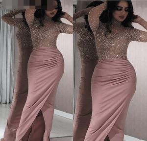 Robe de soiree yüksek boyunlu elbise uzun kollu boncuklu deniz kızı tozlu pembe gece elbisesi resmi elbiseler2081499