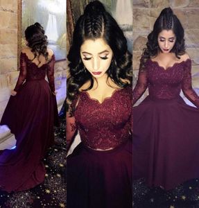 Cheap Sexy Two Pieces Burgundy Prom Dresses Off Shoulder Long Sleeves Lace Appliques Crystal Beaded Formal Party Dress Evening Gow9707868