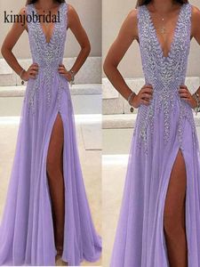 Kristal Prom Elbiseler Derin V Boyun Yan Yarık Lavanta Tül Bir Hat Zemin Uzunluğu Gece Elbise Vestidos de Fiesta1709431