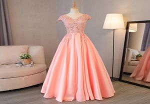 New Coral Satin Skirt Long Modest Prom Dresses With Cap Sleeves V Neck Beaded Lace Corset Back Aline Floor Length Teens Party Gow3079234