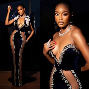 2024 Seksowne sukienki balowe na specjalne okazje iluzja Mermaid Rhinestones Dekorowane przyjęcie urodzinowe Drugi suknie przyjęte dla afrykańskich czarnych kobiet AM567