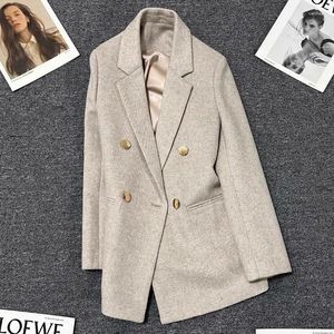 Women's Jackets Beige Metal Buckle Woolen Jacket For Autumn/winter High-end Clothing Fashionable Temperament