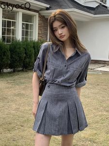 Work Dresses GkyocQ 2024 Summer Women Two Pieces Sets Casual Outfit Denim Long Sleeve Shirt Tops Pleated A Line Short Skirt Female